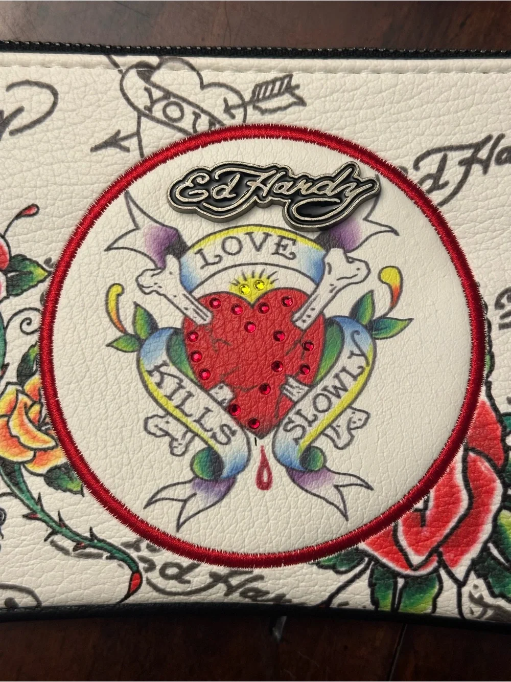 ❤️NEW🖤 Ed Hardy Love Kills Slowly White Shoulder Bag with Red Rose & Heart Motif
